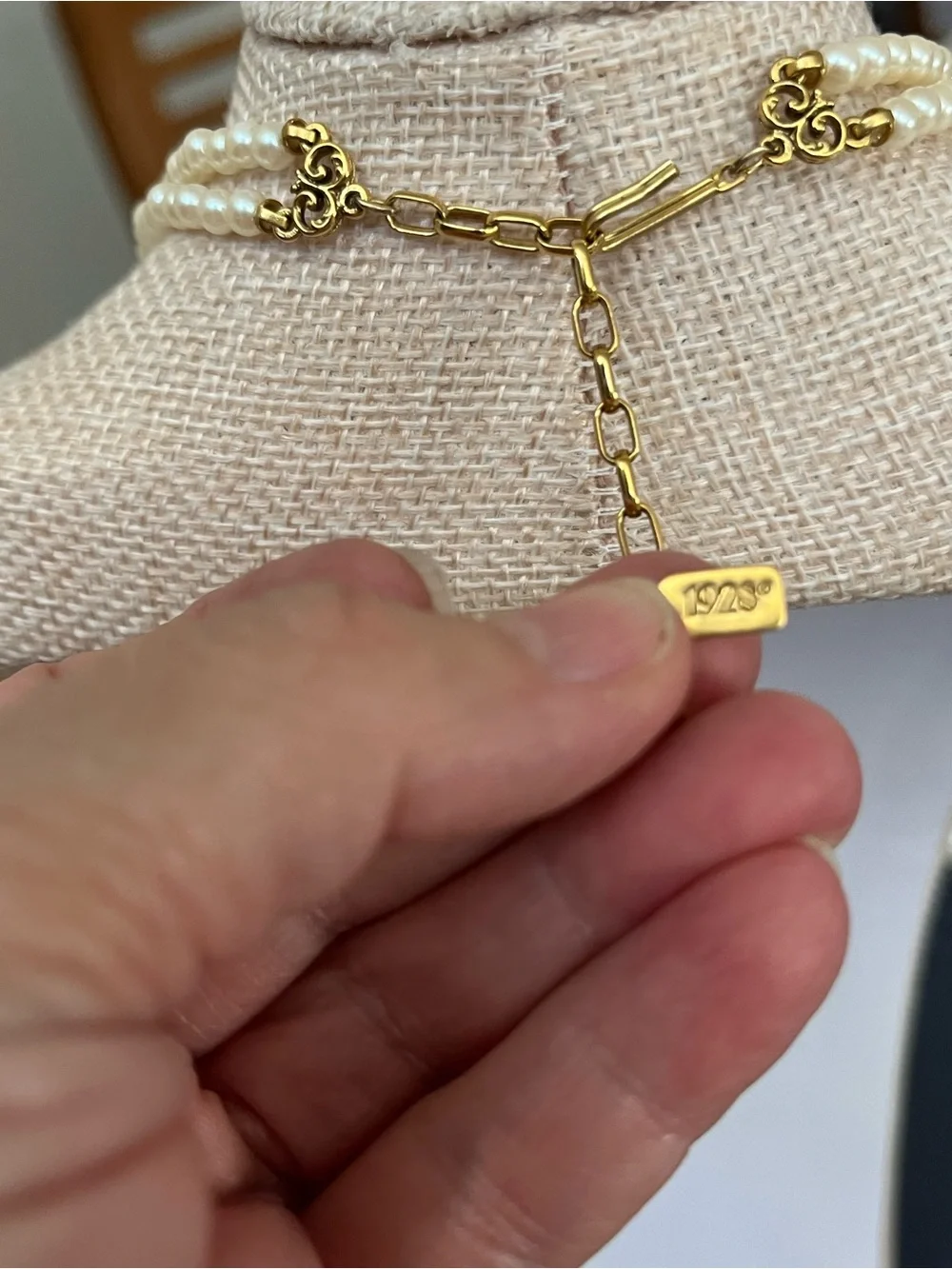 1928 Gold-Tone Double Pearl Necklace with Pink Rose Accent